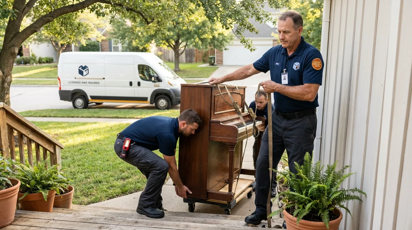 Licensed piano movers securing grand piano in Springboro, OH